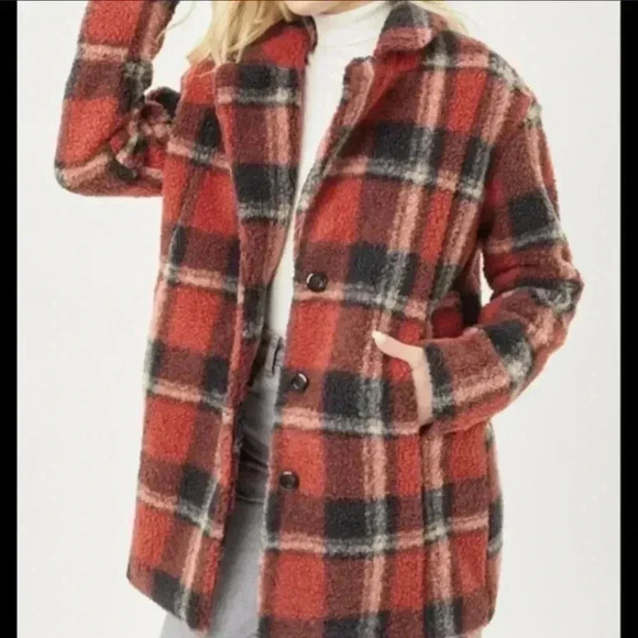 LOVE TREE BURNED ORANGE PLAID TEDDY SHERPA COAT - Picture 3 of 7